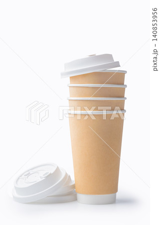 Disposable paper takeaway coffee cups isolated on white background Disposable paper takeaway coffee cups isolated on white background 140853956