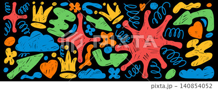 Playful crayon shapes for school design with organic doodle figures and elements. Vibrant red green blue hearts with stars on black. Vector set of playful shape figures for kids illustration card Playful crayon shapes for school design with organic doodle figures and elements. Vibrant red green blue hearts with stars on black. Vector set of playful shape figures for kids illustration card 140854052