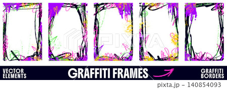Splashy graffiti frame set with painted borders and bold collage edges. Green and purple graffiti splash as frame with grunge texture. Vector urban spraypaint cadre element for street art promo poster Splashy graffiti frame set with painted borders and bold collage edges. Green and purple graffiti splash as frame with grunge texture. Vector urban spraypaint cadre element for street art promo poster 140854093