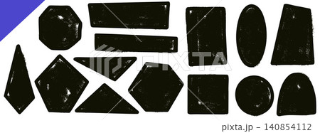 Geometric shapes with handmade ink and linocut or crayon texture. Rough geometry shape set with grunge frame and triangle and oval. Black hand drawn vector trapezoid and rectangle elements sticker 140854112