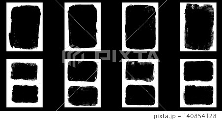 Grunge photo frame with worn boarder on old paper. Distress paint brush texture for collage album poster in rustic vintage stroke. Vector grunge photo pack with rough border isolated for promo bg 140854128