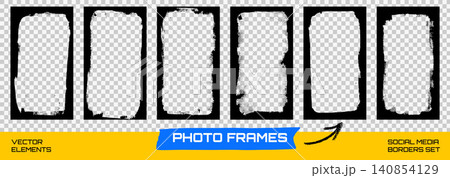 Grunge frame and borders with rough brush stroke and distressed paper edge for social media story. Rectangle photo frames with texture for carousel post. Vector template set on checkered bg as png 140854129