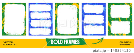 Bold frame collection with funky photo border for school flyer and poster. Green and blue grunge texture on yellow paint with collage frame layout. Vector photo boarders pack for sport card isolated 140854130