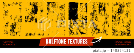 Grunge halftone texture with rough spatter for vertical story post set. Old halftone scan and dirty ink on distressed urban wall. Vector grunge background with worn paper texture for social media 140854131