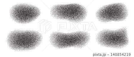 Grain spray organic shapes with dot gradation for music poster and zine cover. Abstract stipple blob and squishy grain element in black sand splatter. Vector set of wavy figures isolated on white 140854219