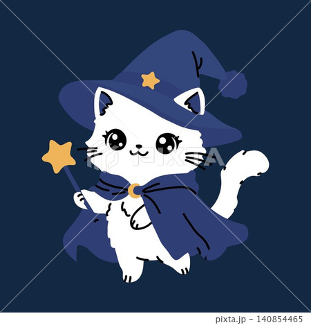 Adorable White Cat in Wizard Hat and Cape Adorable White Cat in Wizard Hat and Cape 140854465