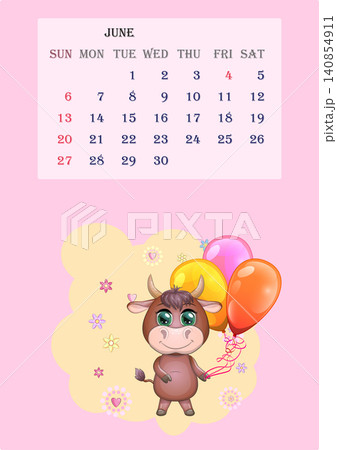 Calendar 2021. Cute bull and cow for every month. Calendar 2021. Cute bull and cow for every month. 140854911