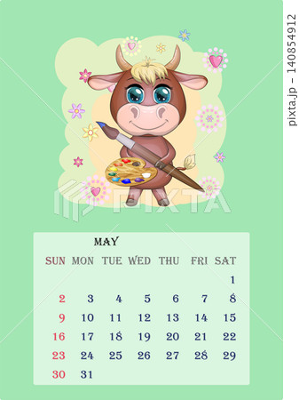 Calendar 2021. Cute bull and cow for every month. Calendar 2021. Cute bull and cow for every month. 140854912