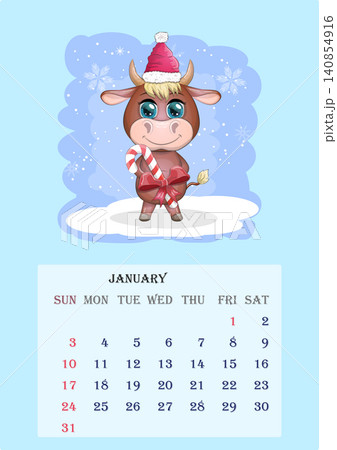 Calendar 2021. Cute bull and cow for every month. Calendar 2021. Cute bull and cow for every month. 140854916