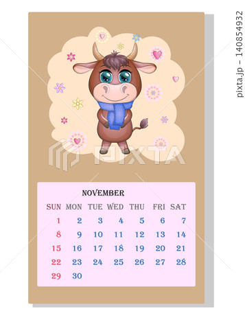 Calendar 2021. Cute bull and cow for every month. Calendar 2021. Cute bull and cow for every month. 140854932