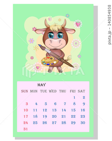 Calendar 2021. Cute bull and cow for every month. Calendar 2021. Cute bull and cow for every month. 140854938
