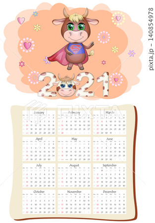 White ox calendar or planner for 2021 with cartoon bull, new year symbol, cover and 12 monthly pages 140854978