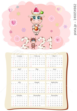 White ox calendar or planner for 2021 with cartoon bull, new year symbol, cover and 12 monthly pages White ox calendar or planner for 2021 with cartoon bull, new year symbol, cover and 12 monthly pages 140854982