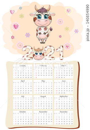 White ox calendar or planner for 2021 with cartoon bull, new year symbol, cover and 12 monthly pages White ox calendar or planner for 2021 with cartoon bull, new year symbol, cover and 12 monthly pages 140854990
