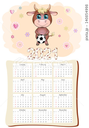White ox calendar or planner for 2021 with cartoon bull, new year symbol, cover and 12 monthly White ox calendar or planner for 2021 with cartoon bull, new year symbol, cover and 12 monthly 140854998