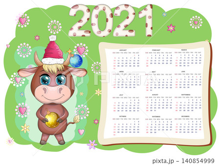 Calendar 2021. The bull is a symbol of the new year, Cartoon cow. Chinese horoscope calendar. Calendar 2021. The bull is a symbol of the new year, Cartoon cow. Chinese horoscope calendar. 140854999