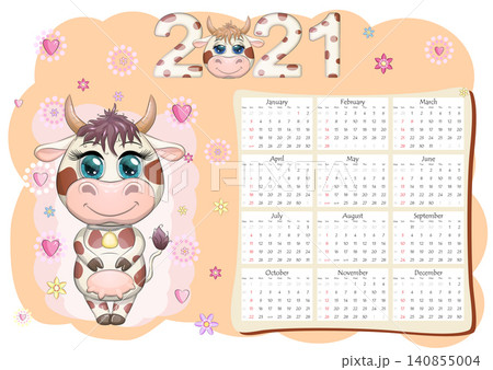 Calendar 2021. The bull is a symbol of the new year, Cartoon cow. Chinese horoscope calendar. Calendar 2021. The bull is a symbol of the new year, Cartoon cow. Chinese horoscope calendar. 140855004