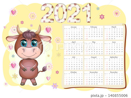 Calendar 2021. The bull is a symbol of the new year, Cartoon cow. Chinese horoscope calendar. Calendar 2021. The bull is a symbol of the new year, Cartoon cow. Chinese horoscope calendar. 140855006