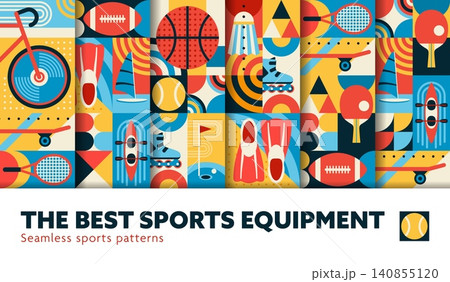 Sport equipment seamless patterns with mosaic geometric elements. Abstract tile backgrounds with skateboard, basketball, tennis racket and kayakg with retro modern aesthetics for summer sports leisure 140855120
