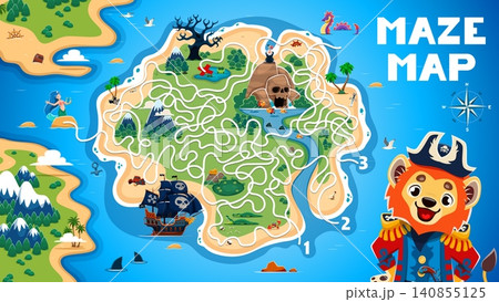 Pirate treasures island labyrinth maze map. Cartoon worksheet game, riddle with cheerful lion captain and sea ship inviting kids to solve winding paths and find hidden chests and coastal landmarks Pirate treasures island labyrinth maze map. Cartoon worksheet game, riddle with cheerful lion captain and sea ship inviting kids to solve winding paths and find hidden chests and coastal landmarks 140855125