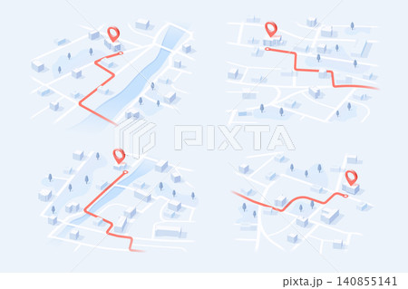 Set of four isometric digital city maps with red route lines and destination pins 140855141