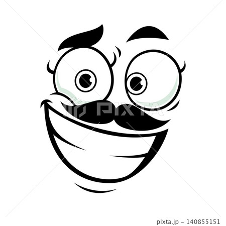 Cartoon happy face emotion with big wide open eyes, thick eyebrows, prominent black mustache and huge toothy smile. Cheerful and crazy mascot facial expression for funny sticker pack designs Cartoon happy face emotion with big wide open eyes, thick eyebrows, prominent black mustache and huge toothy smile. Cheerful and crazy mascot facial expression for funny sticker pack designs 140855151