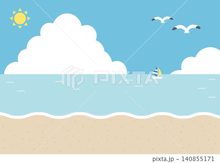 【ベクター】青い海と砂浜の夏風景イラスト 南国ビーチの背景素材(横長) 【ベクター】青い海と砂浜の夏風景イラスト 南国ビーチの背景素材(横長) 140855171