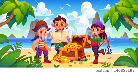 Cartoon funny kid pirates characters with treasure chest on tropical island beach studying an old map. Opened loot trunk overflowing with gold coins and gems under palm trees and blue sky 140855195