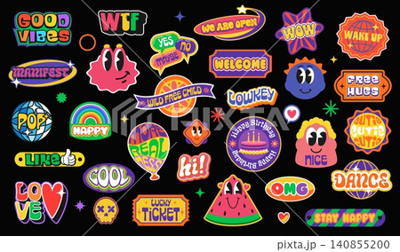 Y2k retro stickers and groovy patch icon labels of trendy cool shapes, cute smile emojis and pop art groovy elements. Vector y2k funky face, globe, love heart and flower, aesthetic star, sun stickers 140855200