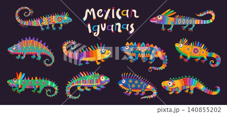 Mexican iguana animal characters of colorful lizards with Mexico folk art pattern. Mexican desert funny iguana lizards set with vivid color floral ornaments of talavera flowers and geometric shapes Mexican iguana animal characters of colorful lizards with Mexico folk art pattern. Mexican desert funny iguana lizards set with vivid color floral ornaments of talavera flowers and geometric shapes 140855202