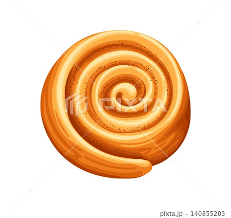 Sweet cinnamon bun, Danish roll bakery, swirl sugar pastry cookie with spiral layers of dough and cinnamon sugar filling. Isolated cartoon dough dessert, bakery food for cafe menu and culinary recipe 140855203