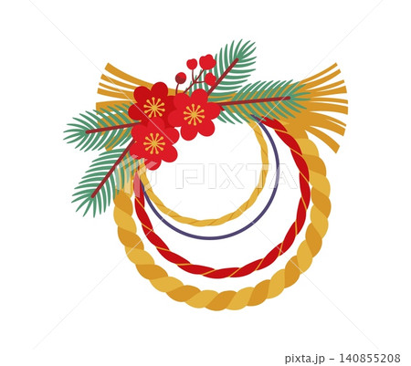 Japanese New Year Shimenawa holiday wreath. Traditional decorative ornament featuring thick braided straw rope circle with red blossoms and pine branches. Asian wreath for Shogatsu holiday posters 140855208