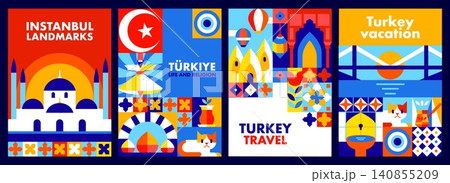 Turkey travel posters with geometric mosaic patterns. Vibrant red, blue and yellow layouts featuring Istanbul landmarks, dervish dancer and Cappadocia hot air balloons for tourism industry advertising Turkey travel posters with geometric mosaic patterns. Vibrant red, blue and yellow layouts featuring Istanbul landmarks, dervish dancer and Cappadocia hot air balloons for tourism industry advertising 140855209
