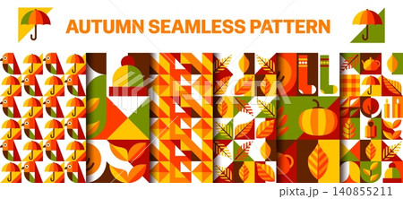Autumn seamless patterns with mosaic geometric ornament elements. Flat orange, red, and green patterns with umbrellas, leaves and pumpkins for seasonal textile printing and eco friendly wrapping paper Autumn seamless patterns with mosaic geometric ornament elements. Flat orange, red, and green patterns with umbrellas, leaves and pumpkins for seasonal textile printing and eco friendly wrapping paper 140855211