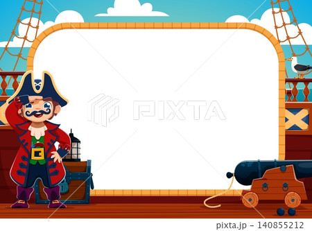 Cartoon boy kid pirate captain on ship deck with rope banner frame. Young corsair standing on wooden ship deck beside treasure chest and cannon with blank rope border template ready for sea adventure Cartoon boy kid pirate captain on ship deck with rope banner frame. Young corsair standing on wooden ship deck beside treasure chest and cannon with blank rope border template ready for sea adventure 140855212