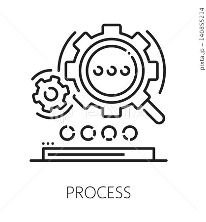 Business process inspection line icon or pictogram. Factory regulation control icon, quality inspection vector symbol. Product standards approval pictogram or sign with magnifying glass and cogwheels Business process inspection line icon or pictogram. Factory regulation control icon, quality inspection vector symbol. Product standards approval pictogram or sign with magnifying glass and cogwheels 140855214