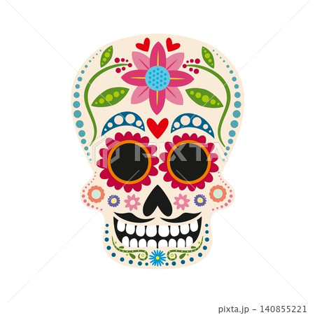 Mexican calavera sugar skull, Day of the dead festival head with folk ornaments. Dia de los Muertos holiday symbol. Cartoon human cranium tattoo adorned with traditional flowers and floral pattern Mexican calavera sugar skull, Day of the dead festival head with folk ornaments. Dia de los Muertos holiday symbol. Cartoon human cranium tattoo adorned with traditional flowers and floral pattern 140855221
