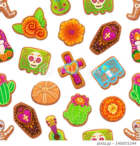 Dead day biscuit cookies, Dia de Los Muertos vector seamless pattern. Traditional Mexican day of the dead cookies shaped as sugar skulls, crosses, coffins, marigold flowers and guitars tile motif 140855244