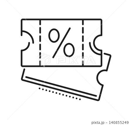 Minimalist line art icon of two discount coupons with percentage sign and dashed tear lines. Clean thin stroke gift coupon for retail app interfaces and loyalty program design elements Minimalist line art icon of two discount coupons with percentage sign and dashed tear lines. Clean thin stroke gift coupon for retail app interfaces and loyalty program design elements 140855249