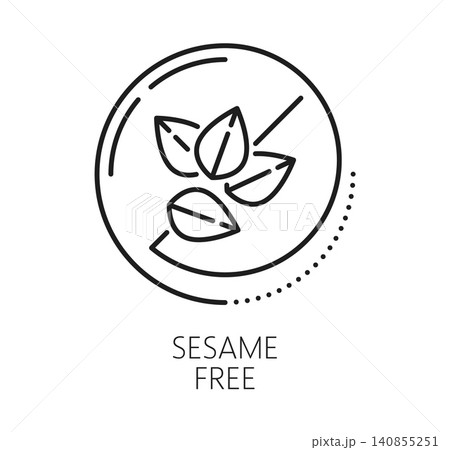 Food allergen free icon, allergy ingredient label pictogram. Line art sesame seeds with prohibition cross inside circle and Sesame Free lettering. Vector icon for food packaging or restaurant menu 140855251