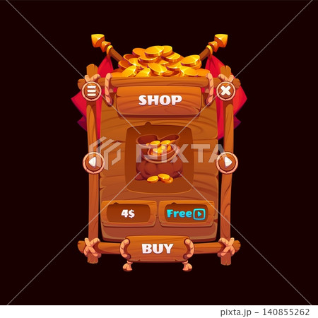 Pirate game UI interface app window with buttons on wooden board panel. Caribbean adventure pirate and corsair game UI of user shop menu with treasure gold buy option for videogame store screen GUI Pirate game UI interface app window with buttons on wooden board panel. Caribbean adventure pirate and corsair game UI of user shop menu with treasure gold buy option for videogame store screen GUI 140855262