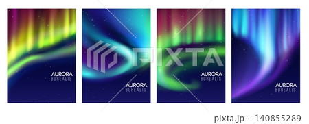 Aurora borealis northern polar lights posters. Night dark sky background with rainbow colors gradient waves and stars. Blue, purple, green and yellow aurora borealis northern lights banners set 140855289