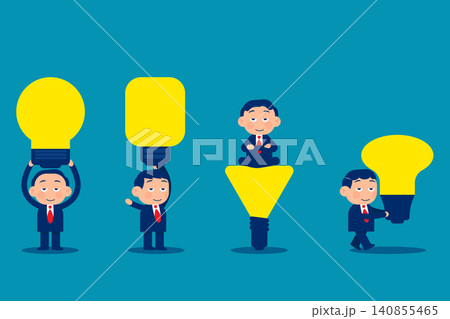 Set cute little business. Businessman holding light bulb Set cute little business. Businessman holding light bulb 140855465