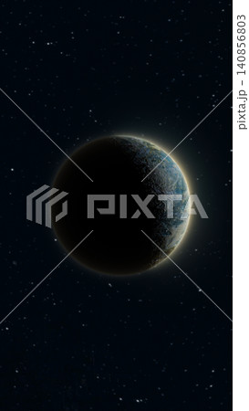 Distant planet in deep space with glowing rim light, cratered surface, dark shadow, and starry cosmic background. Distant planet in deep space with glowing rim light, cratered surface, dark shadow, and starry cosmic background. 140856803