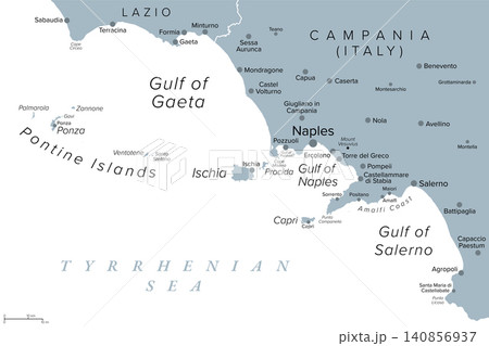 Gulf of Naples and Pontine Islands, Italy, gray political map, with Naples, Mt Vesuvius, and Amalfi Coast, also islands Ponza, Ischia and Capri in Tyrrhenian Sea off the coast of Lazio and Campania. Gulf of Naples and Pontine Islands, Italy, gray political map, with Naples, Mt Vesuvius, and Amalfi Coast, also islands Ponza, Ischia and Capri in Tyrrhenian Sea off the coast of Lazio and Campania. 140856937