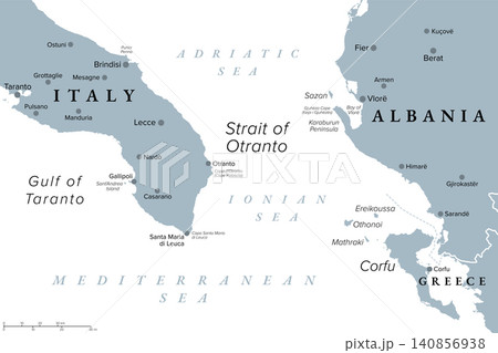 Strait of Otranto, gray political map. Waterway connecting Adriatic Sea with Ionian Sea, separating Italy from Albania, with a width of 72 km (45 mi) from City Otranto to Karaburun Peninsula. Vector Strait of Otranto, gray political map. Waterway connecting Adriatic Sea with Ionian Sea, separating Italy from Albania, with a width of 72 km (45 mi) from City Otranto to Karaburun Peninsula. Vector 140856938