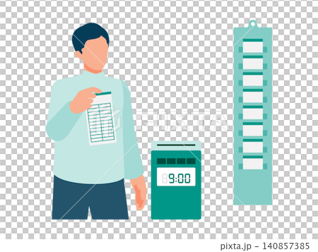 タイムカードを打刻する男性社員と壁掛けラック アナログな勤怠管理システムを表現したイラスト 140857385
