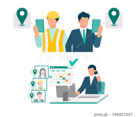 タイムカードからスマホGPS勤怠管理への移行 現場作業員と外回り社員の労務DXイラスト タイムカードからスマホGPS勤怠管理への移行 現場作業員と外回り社員の労務DXイラスト 140857387
