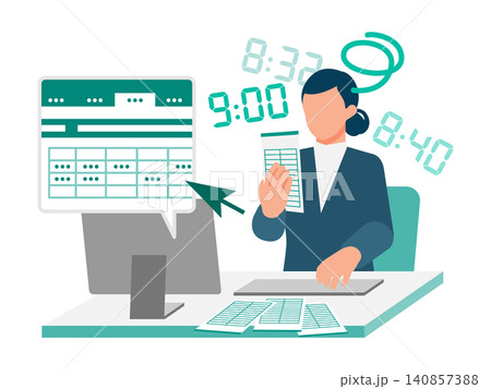 タイムカードのデータをエクセルに入力して悩む女性社員 アナログな勤怠集計作業のイラスト 140857388