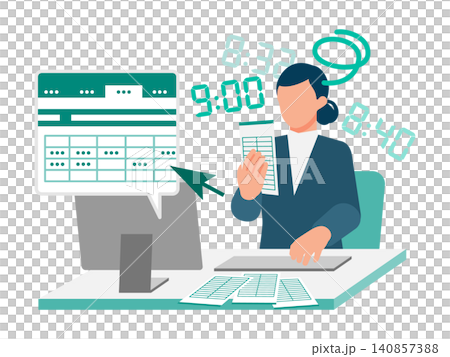 タイムカードのデータをエクセルに入力して悩む女性社員 アナログな勤怠集計作業のイラスト 140857388